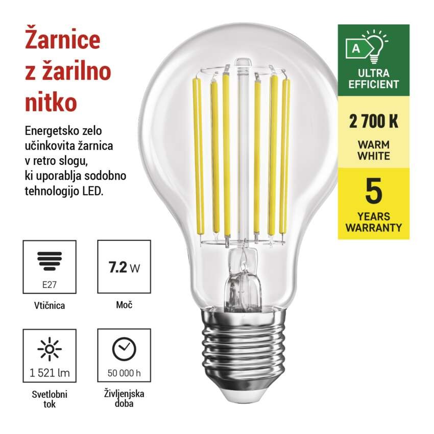 LED žarnica Filament A60 A CLASS / E27 / 7,2 W (100 W) / 1521 lm / toplo bela