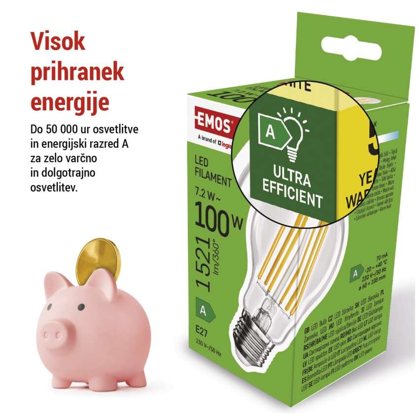 LED žarnica Filament A60 A CLASS / E27 / 7,2 W (100 W) / 1521 lm / toplo bela