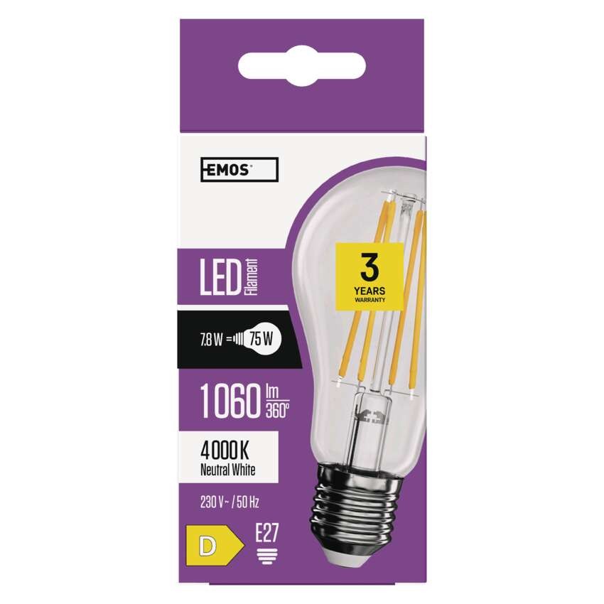 LED žárovka Filament A60 / E27 / 7,8W (75W) / 1060 lm / neutrální bílá