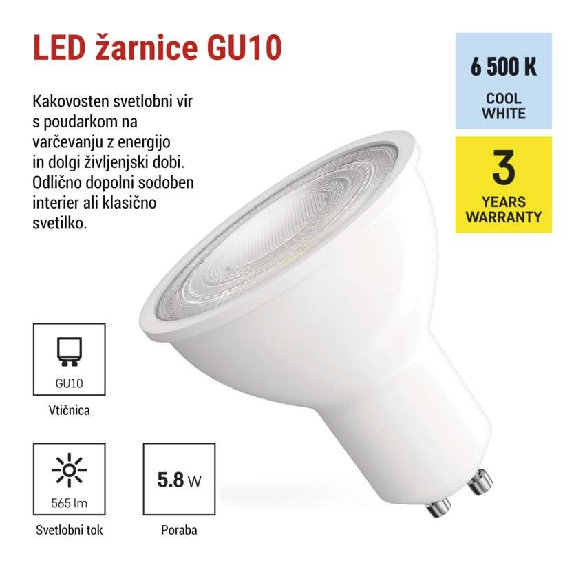LED žarnica Classic MR16 bela/ GU10 / 5,8 W (75 W) / 565 lm / Hladna bela