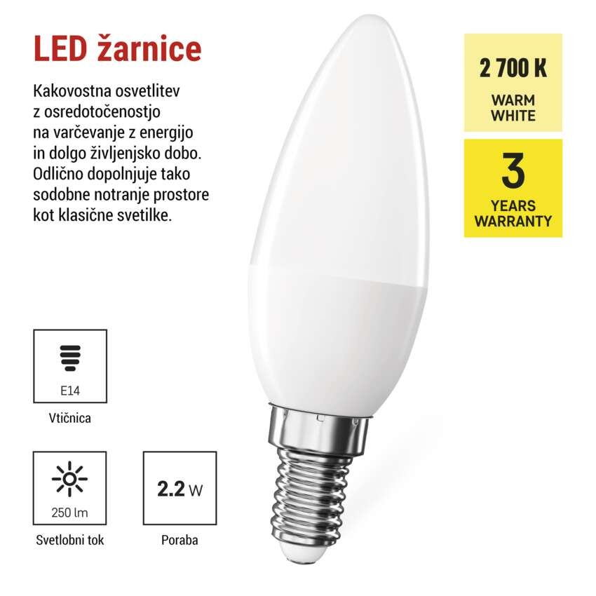 LED žarnica Classic Candle / E14 / 2,2 W (25 W) / 250 lm / toplo bela