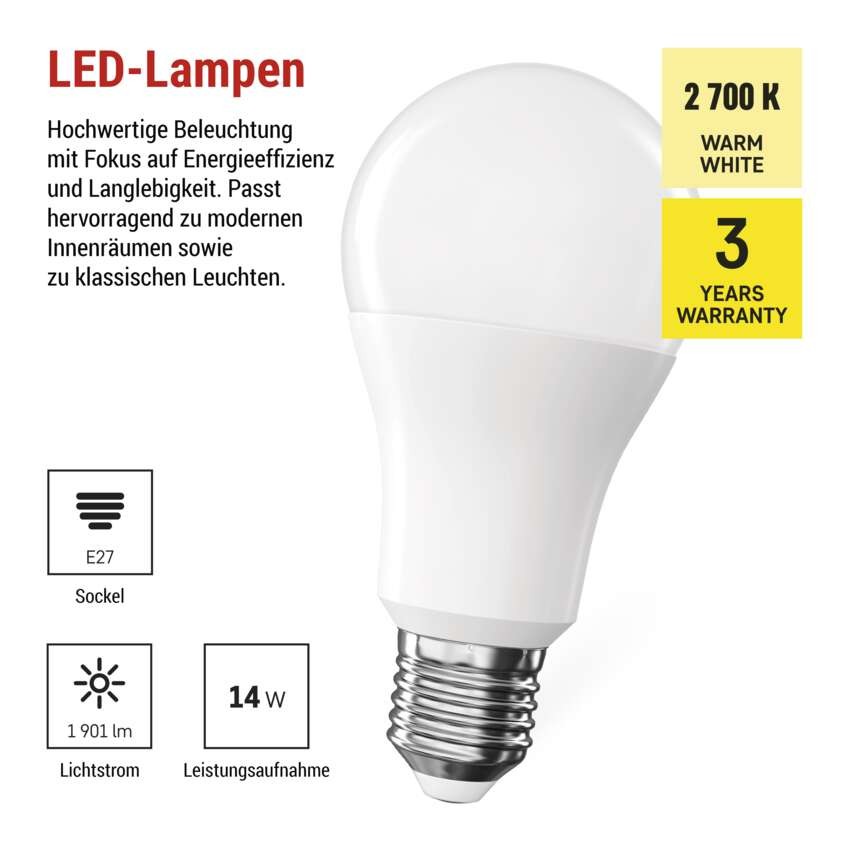 LED Lampe Classic A60 / E27 / 14 W (120 W) / 1901 lm / Warmweiß