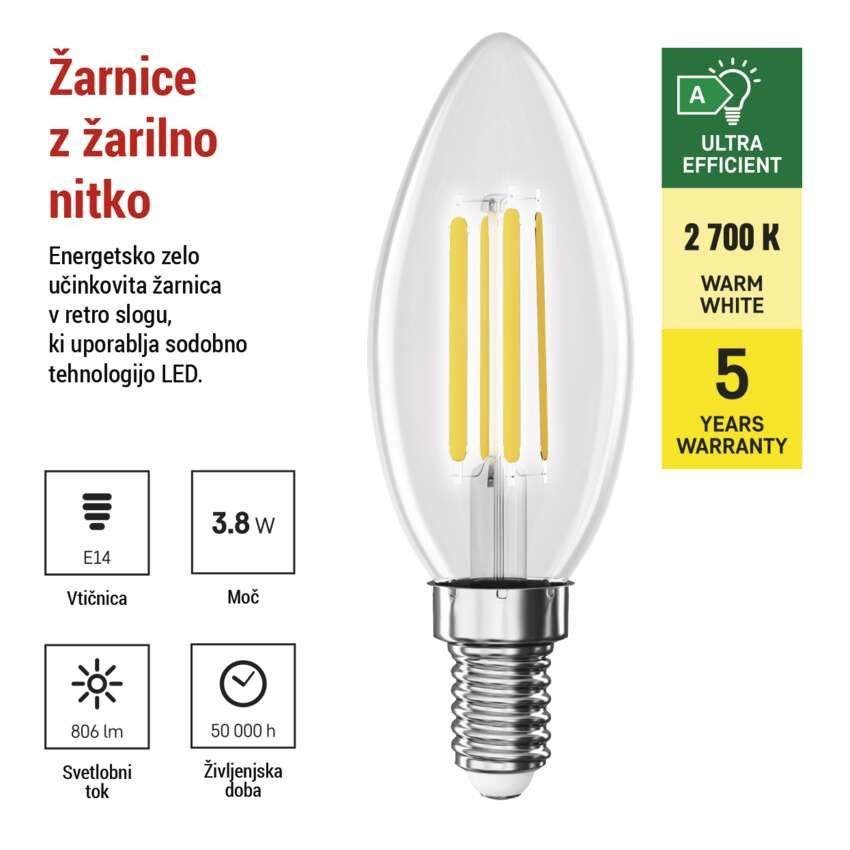 LED žarnica Filament Candle A CLASS/ E14 / 3,8 W (60 W) / 806 lm / Toplo bel