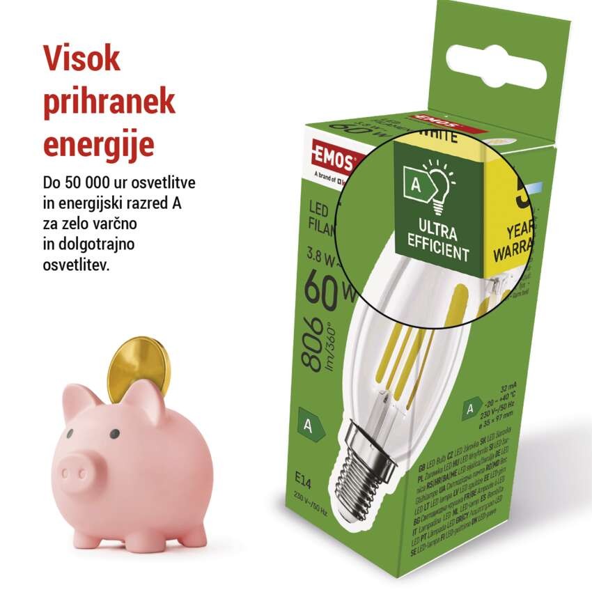 LED žarnica Filament Candle A CLASS/ E14 / 3,8 W (60 W) / 806 lm / Toplo bel