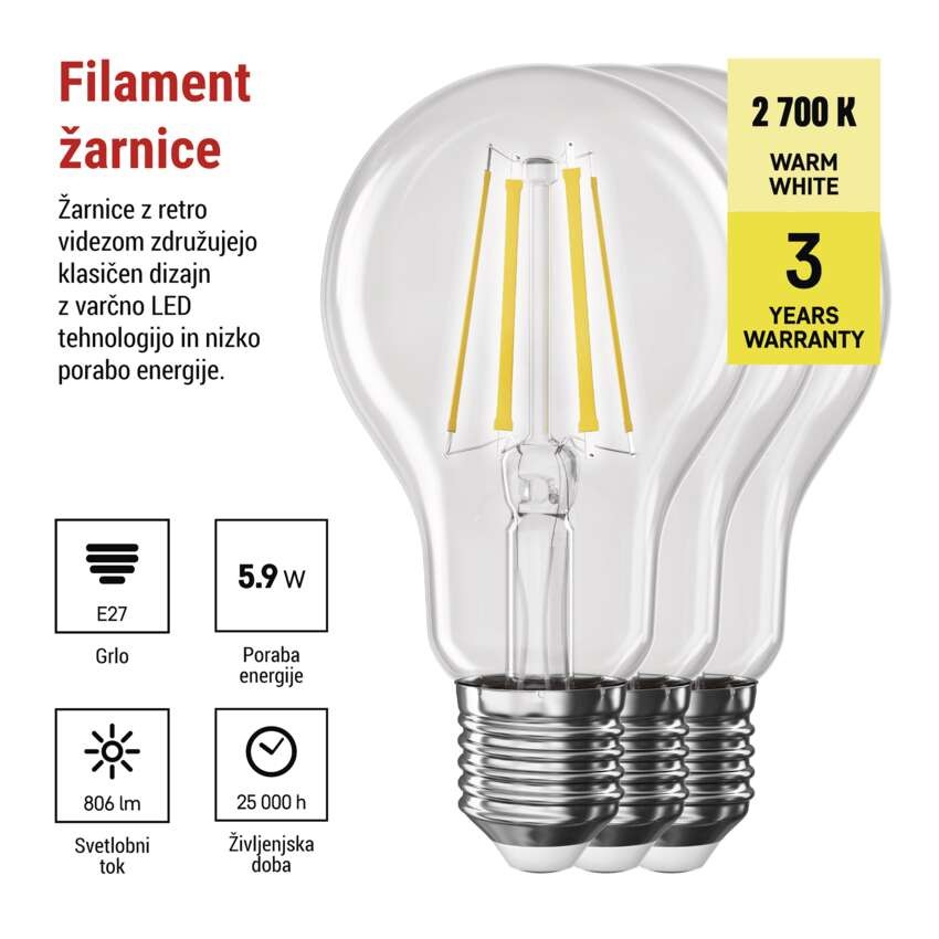 LED žarnica Filament A60 / E27 / 5,9 W (60 W) / 806 lm / Toplo bel
