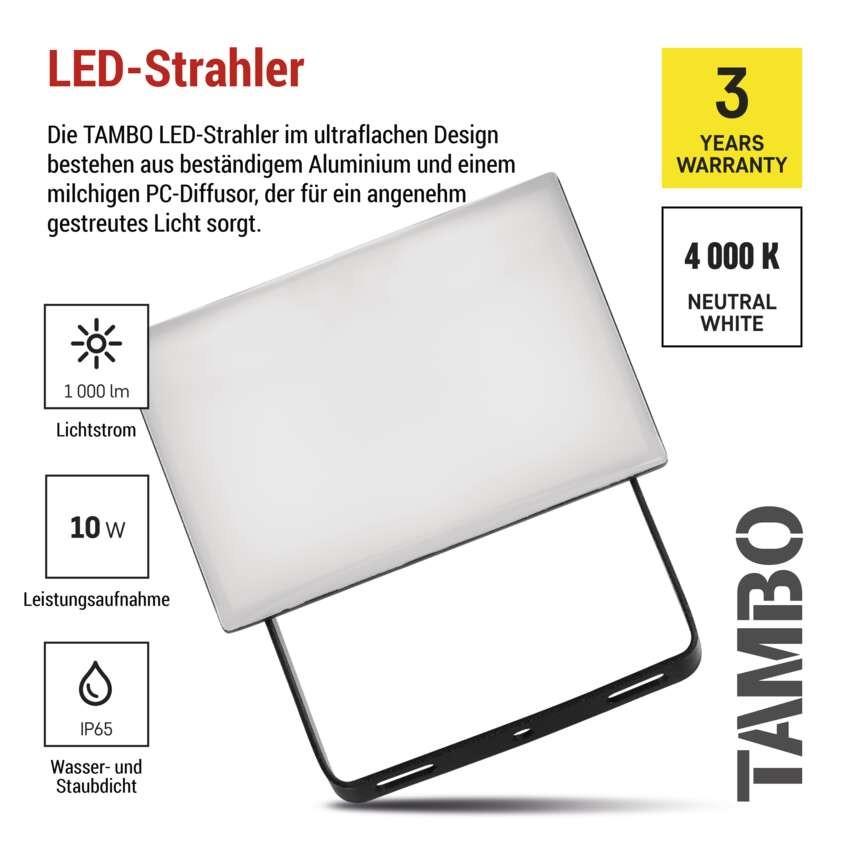 LED-Fluter TAMBO, 10 w, 1000 lm, IP65, schwarz
