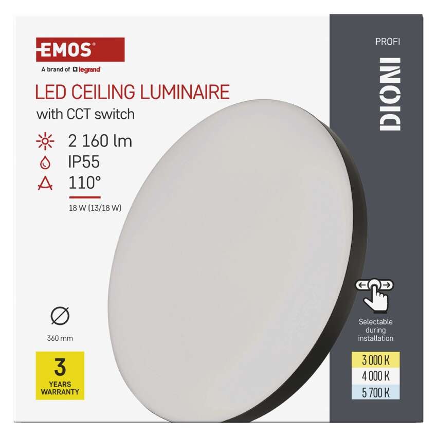 LED paviršinis šviestuvas DIONI apvalus, juodas, 18 W, su keičiamu CCT