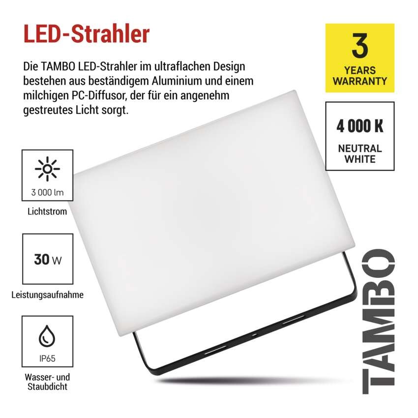 LED-Fluter TAMBO, 30 W, 3000 lm, IP65, schwarz