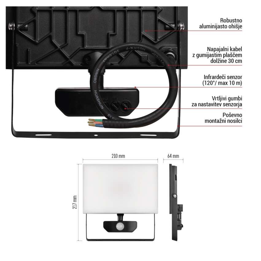LED reflektor TAMBO s senzorjem gibanja, 50 W, 5000 lm, črn