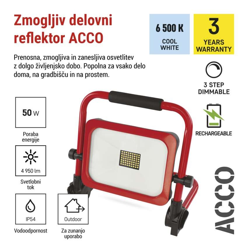 LED reflektor polnilni ACCO 50W CW