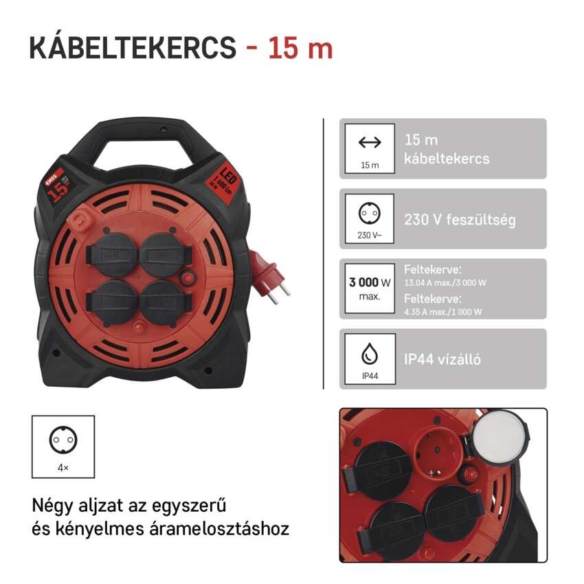 Kültéri kábeldob 15 m / 4 aljzat / gumi-neoprén / 230 V / 1,5 mm2 LED fényvisszaverővel