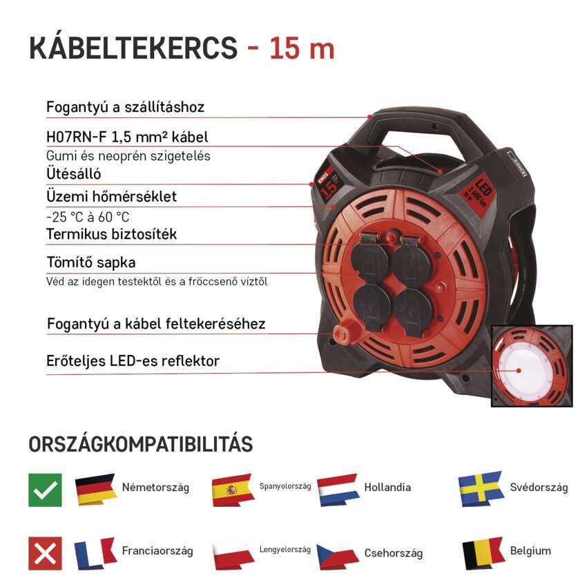 Kültéri kábeldob 15 m / 4 aljzat / gumi-neoprén / 230 V / 1,5 mm2 LED fényvisszaverővel