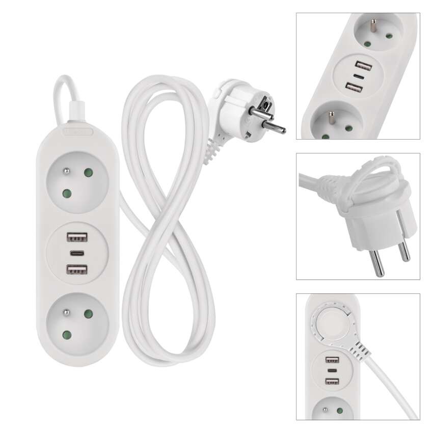 Przedłużacz 1,4 m / 2 gniazda + 2×USB-A+1×USB-C / biały / PVC / 1,5 mm2