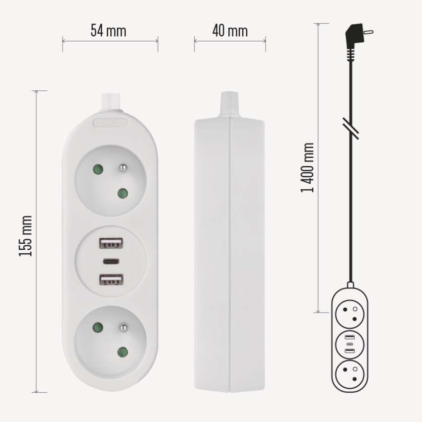 Przedłużacz 1,4 m / 2 gniazda + 2×USB-A+1×USB-C / biały / PVC / 1,5 mm2