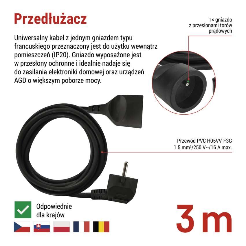 Przedłużacz 3 m / 1 gniazdo / czarny / PVC / 1,5 mm2