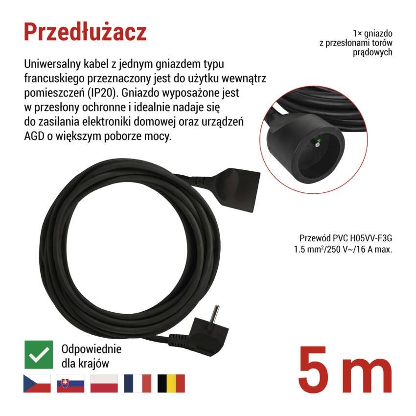 Przedłużacz 5 m / 1 gniazdo / czarny / PVC / 1,5 mm2