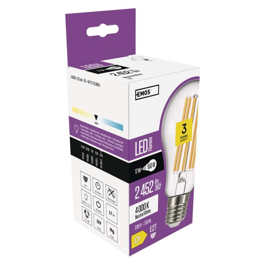 LED žárovka Filament A70 / E27 / 17 W (150 W) / 2 452 lm / neutrální bílá