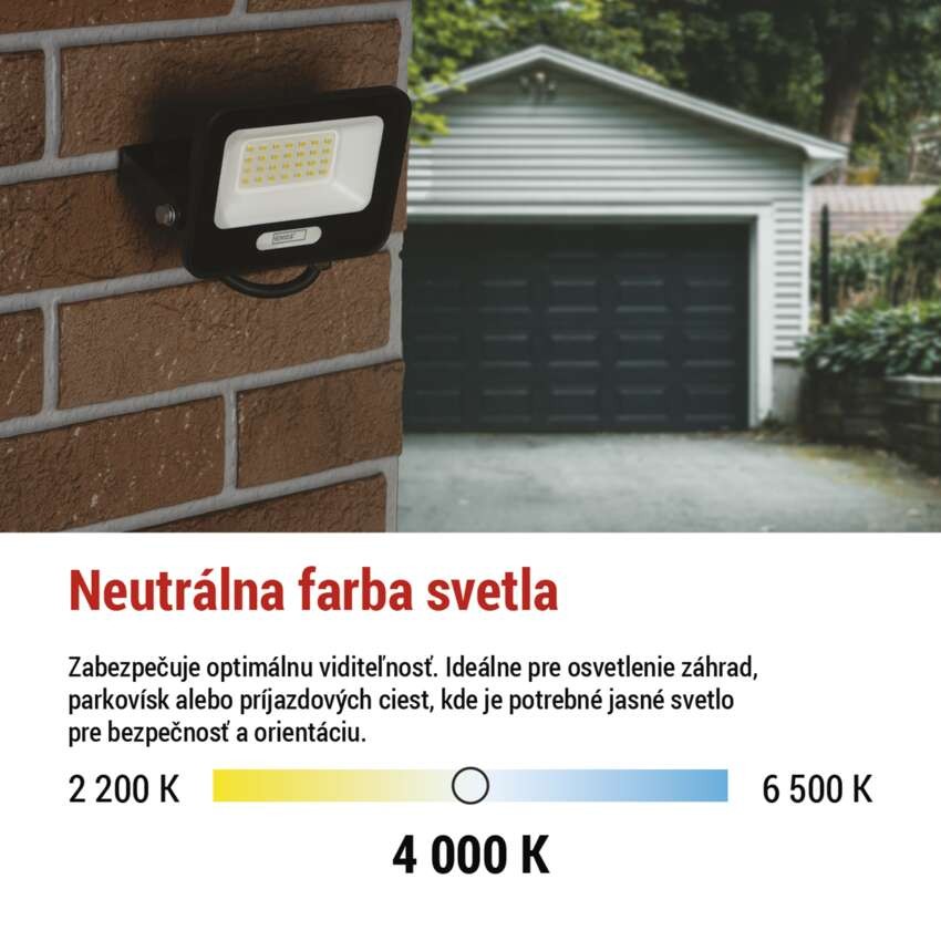 LED reflektor GLARO 20W, čierny, IP65, 2000 lm, neutrálna biela