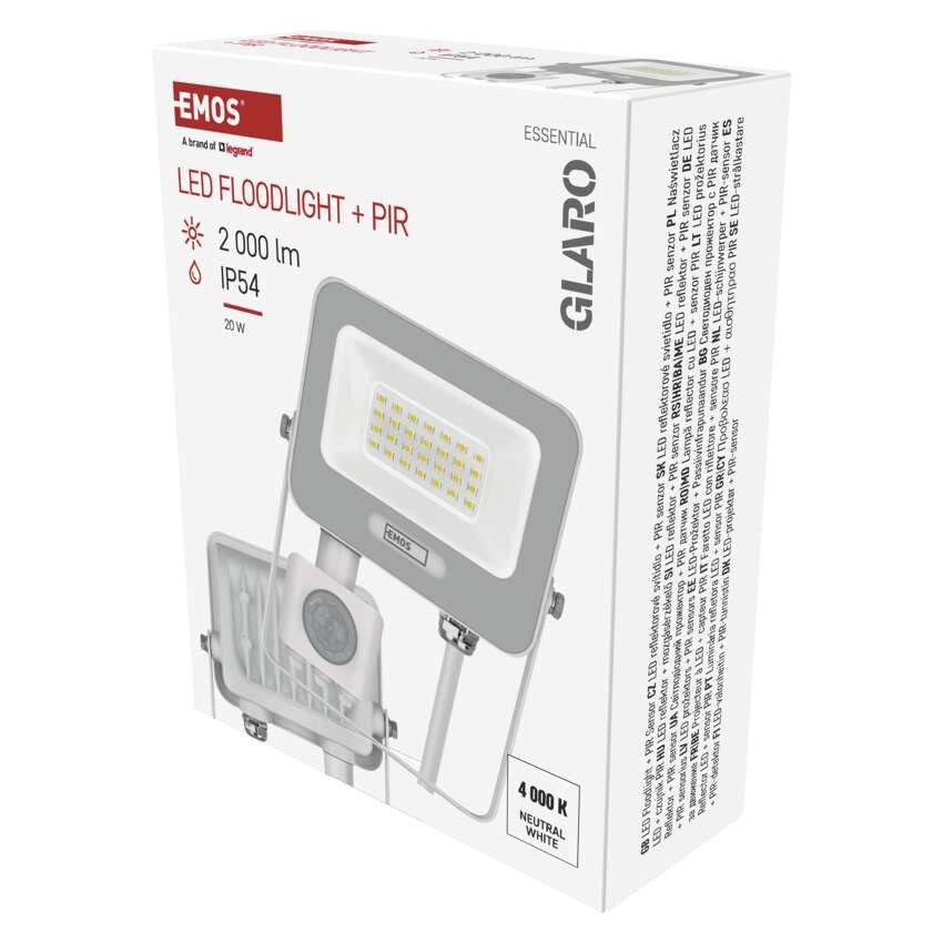GLARO LED prožektorius su judesio jutikliu, 20 W, balts, IP54, 2000 lm, neutraliai baltas