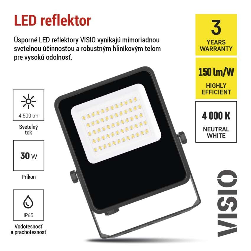 LED reflektor VISIO čierny, 30W neutrálna biela