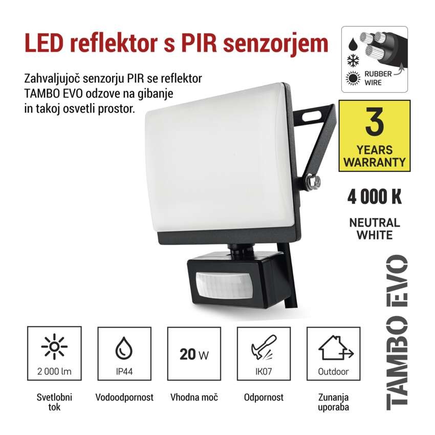 LED reflektor TAMBO EVO s senzorjem gibanja, 20 W, 2000 lm, IP65, črna