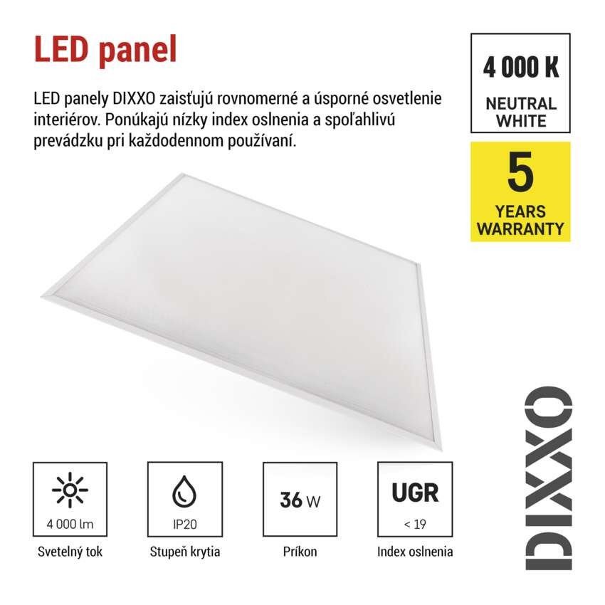 LED panel DIXXO backlit 60×60, štvorcový vstavaný biely, 36W neutrálna b. UGR