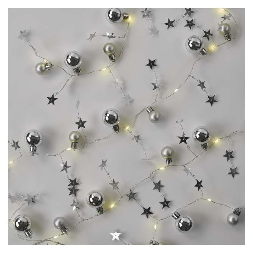 LED Weihnachtsgirlande – Silberne Kugeln mit Sternen, 1,9 m 2x AA, Innen, warmweiss, Timer