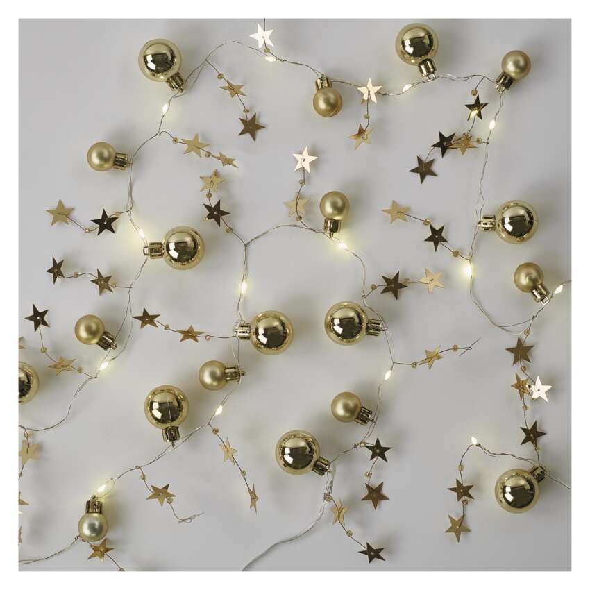 Dekoracje - 20 LED złote kule z gwiazdami 1,9 m, 2x AA, ciepła biel, IP20, timer