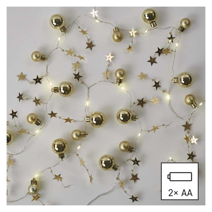 Dekoracje - 20 LED złote kule z gwiazdami 1,9 m, 2x AA, ciepła biel, IP20, timer