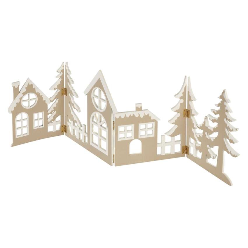 LED Holzdekoration – dorf, 60 cm, 2x AA, warmweiß, Zeitschaltuhr