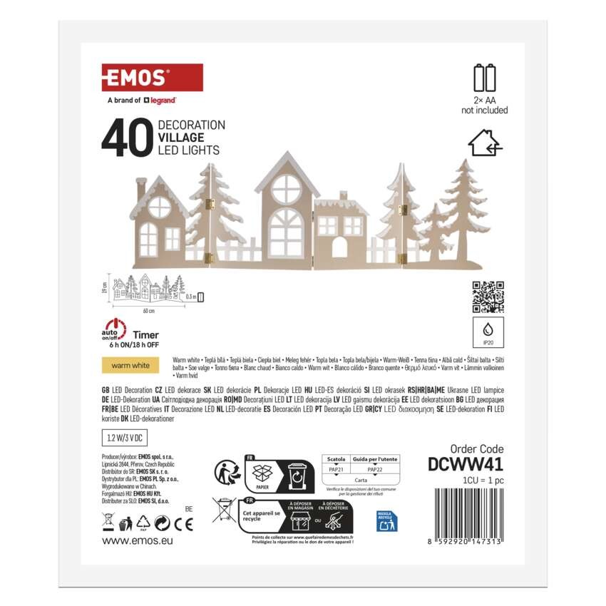LED Holzdekoration – dorf, 60 cm, 2x AA, warmweiß, Zeitschaltuhr