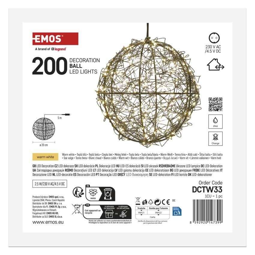 LED Weihnachtskugel – 200 LEDs, für den Außen- und Innenbereich, warmweiß
