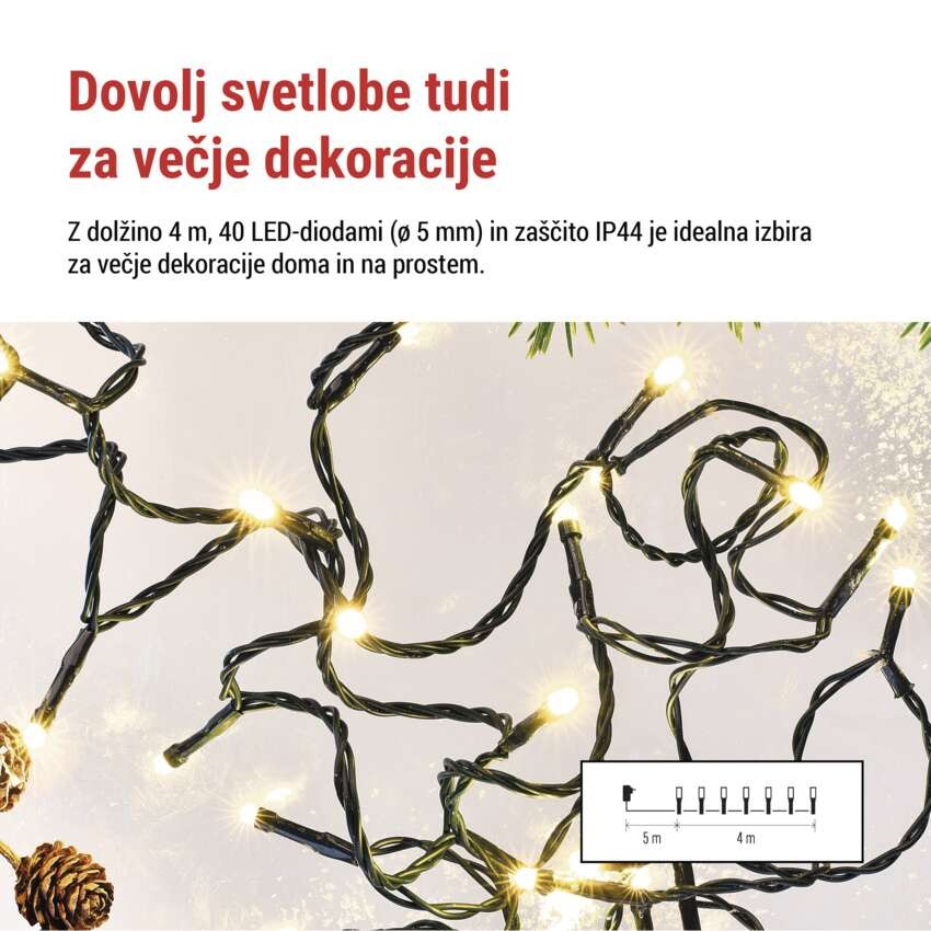 LED božična veriga, 4 m, zunanja in notranja, topla bela, programi, časovnik