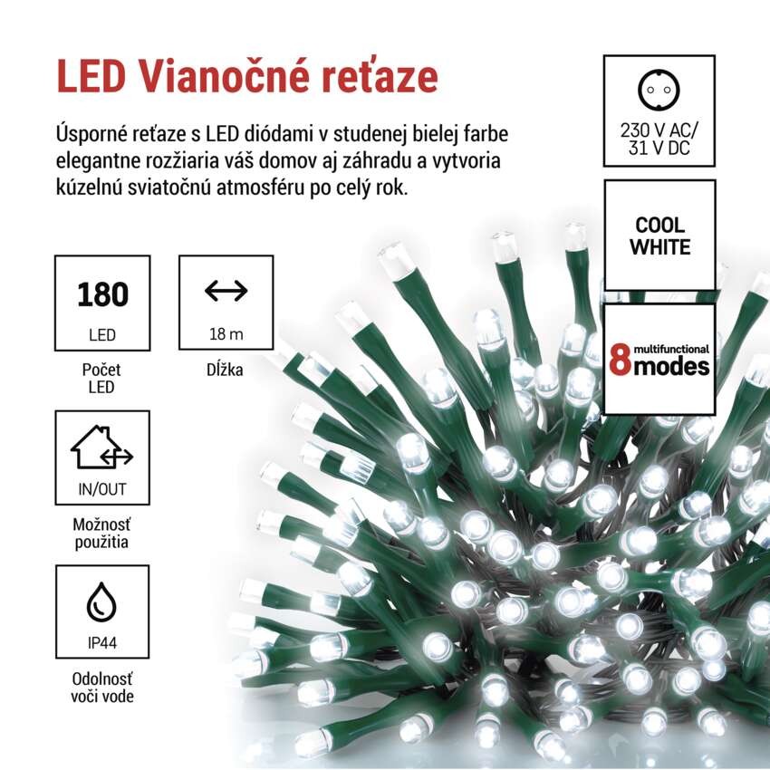 LED vianočná reťaz, 18 m, vonkajšia aj vnútorná, studená biela, programy, časovač