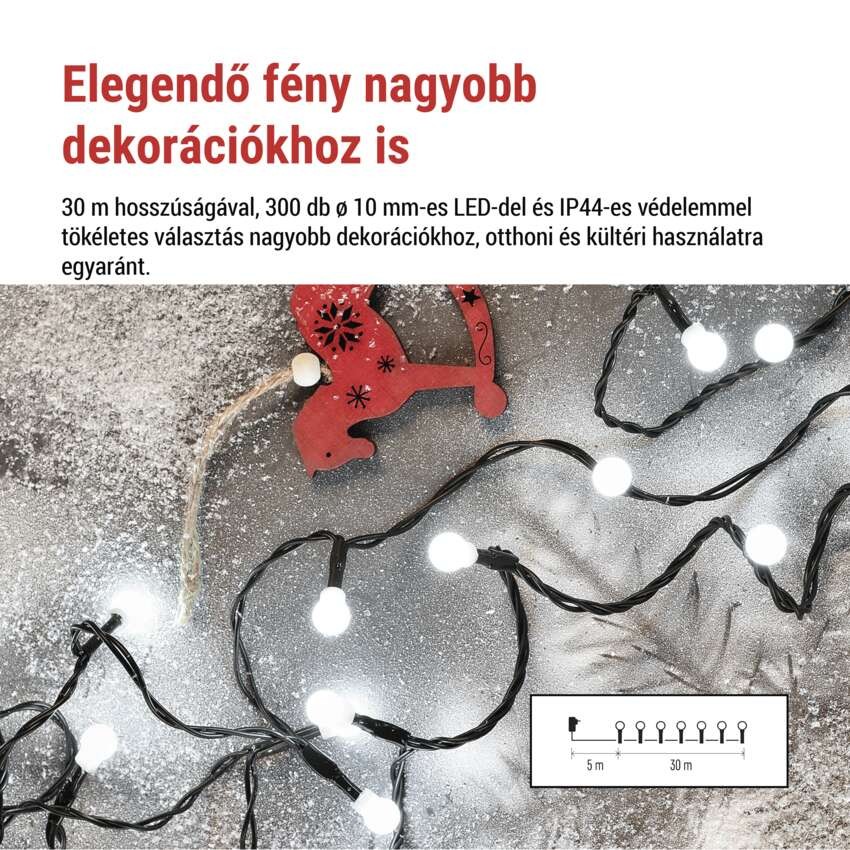 LED karácsonyi fényfüzér,cseresznye–golyók,30 m,kültéri és beltéri,hideg fehér,progr,időz.