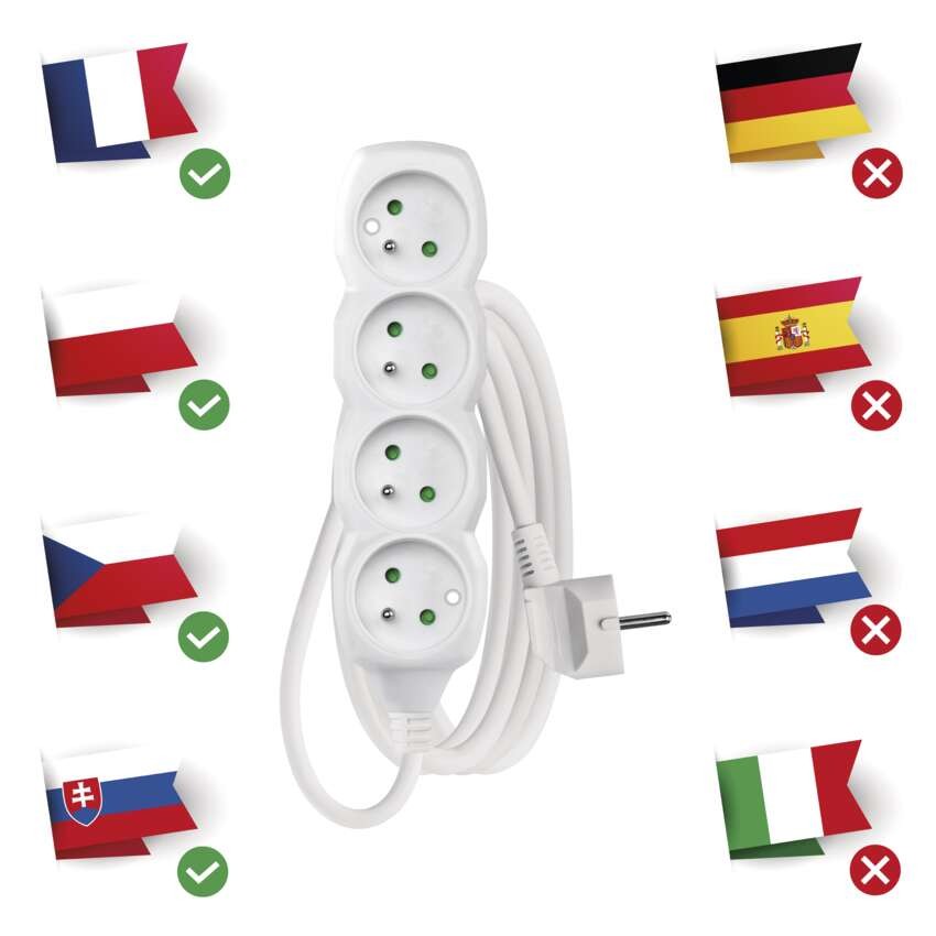Predlžovací kábel 3 m / 4 zásuvky / biely / PVC / 1,5 mm2