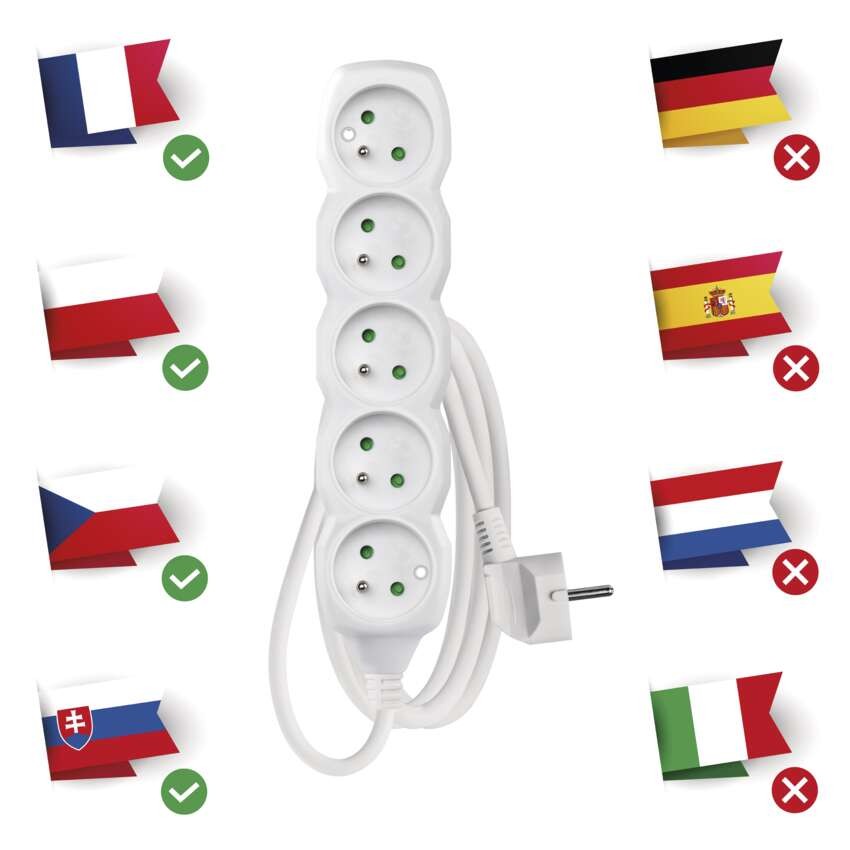 Predlžovací kábel 1,5 m / 5 zásuviek / biely / PVC / 1 mm2