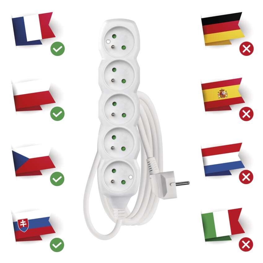 Predlžovací kábel 3 m / 5 zásuviek / biely / PVC / 1 mm2