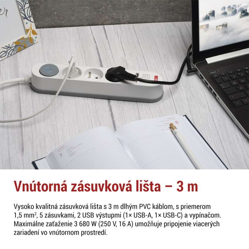 Predlžovací kábel 3 m / 5 zásuvky / s vypínačom / bielo-sivý / 1×USB-A + 1×USB-C / 1,5 mm2