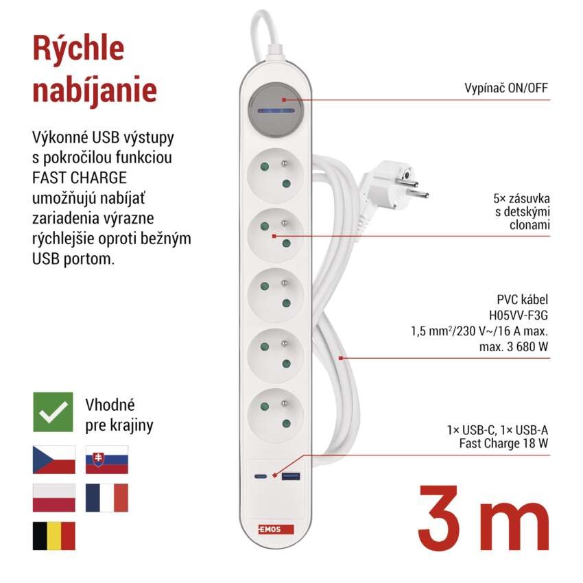 Predlžovací kábel 3 m / 5 zásuvky / s vypínačom / bielo-sivý / 1×USB-A + 1×USB-C / 1,5 mm2
