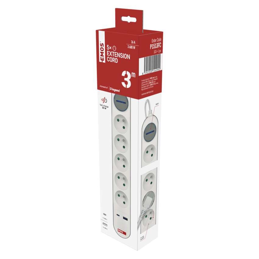 Predlžovací kábel 3 m / 5 zásuvky / s vypínačom / bielo-sivý / 1×USB-A + 1×USB-C / 1,5 mm2