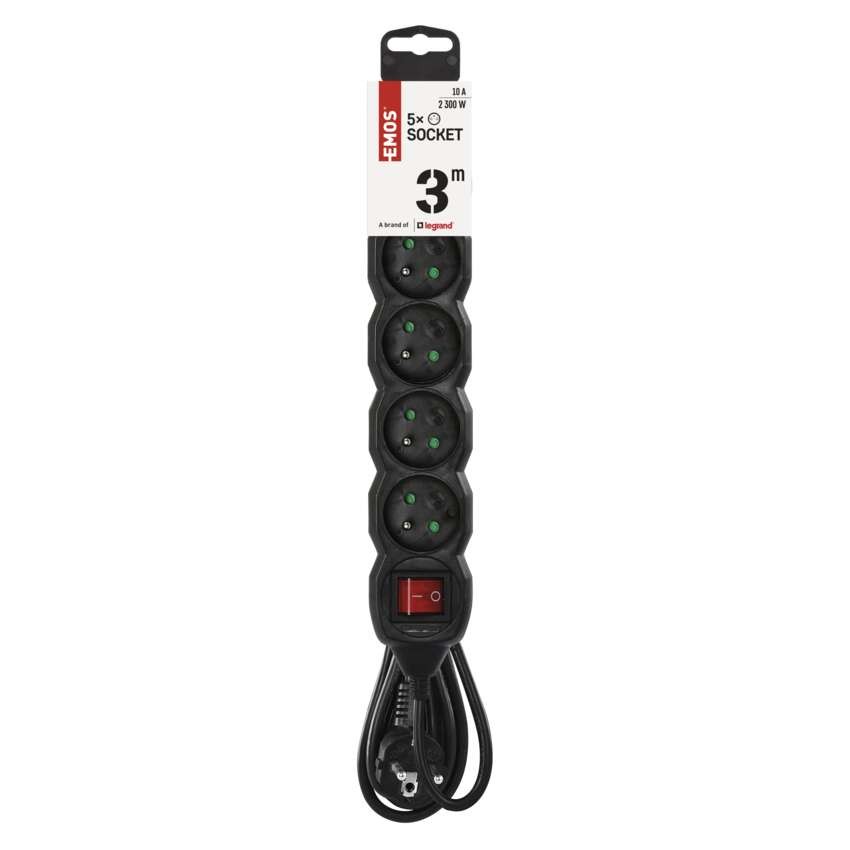 Predlžovací kábel 3 m / 5 zásuviek / s vypínačom / čierny / PVC / 1 mm2