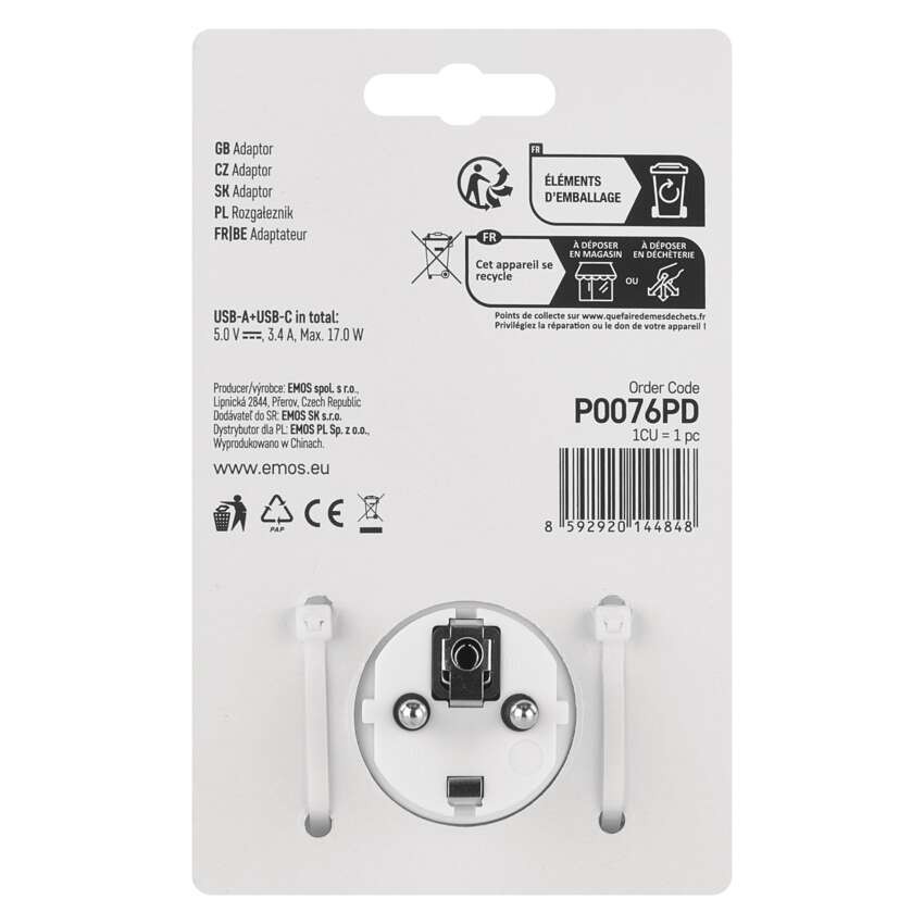 Rozbočovacia zásuvka 2×, 1×USB-A+1×USB-C, bielo-sivá