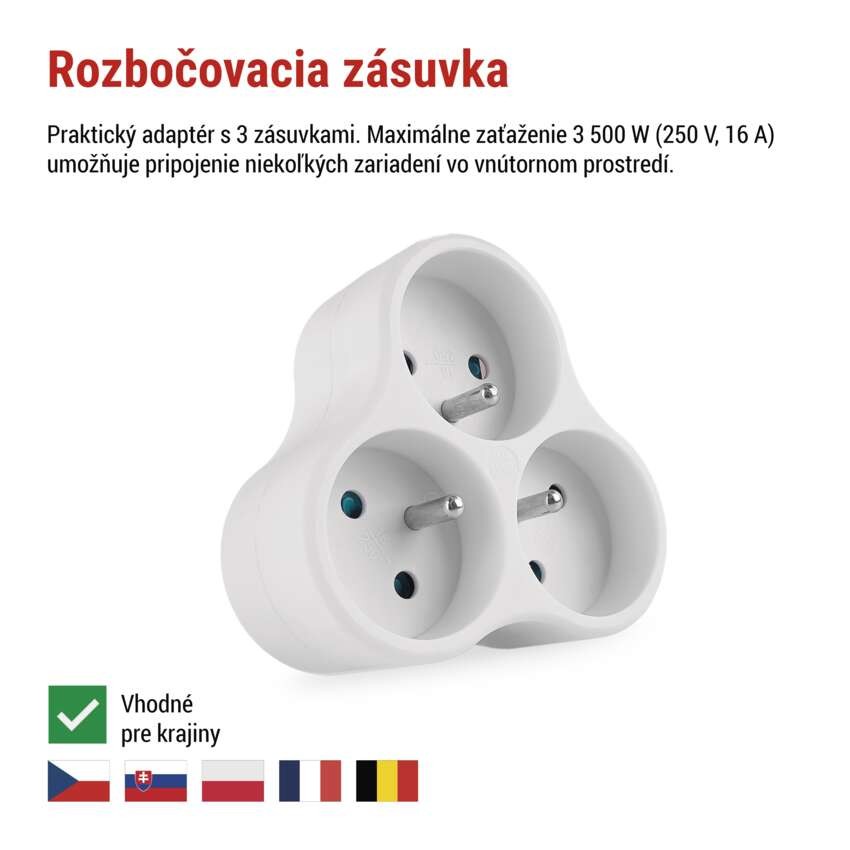 Rozbočovacia zásuvka 3× guľatá, biela