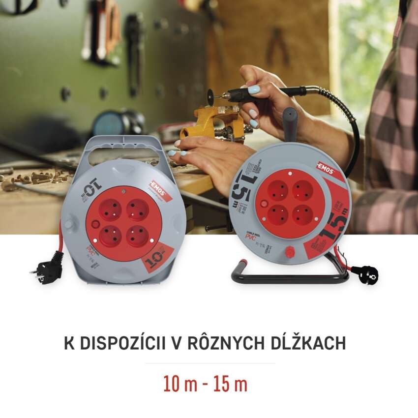 Predlžovací kábel na bubne 10 m / 4 zásuvky / červený / PVC / 230 V / 1 mm2