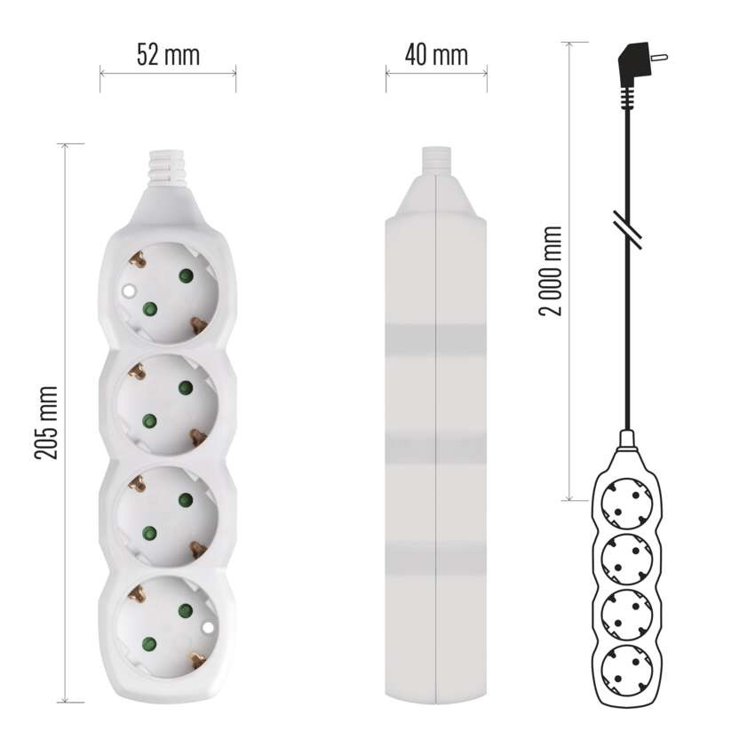 Prailginimo laidas 2 m / 4 lizdai / baltas / PVC / 1 mm2