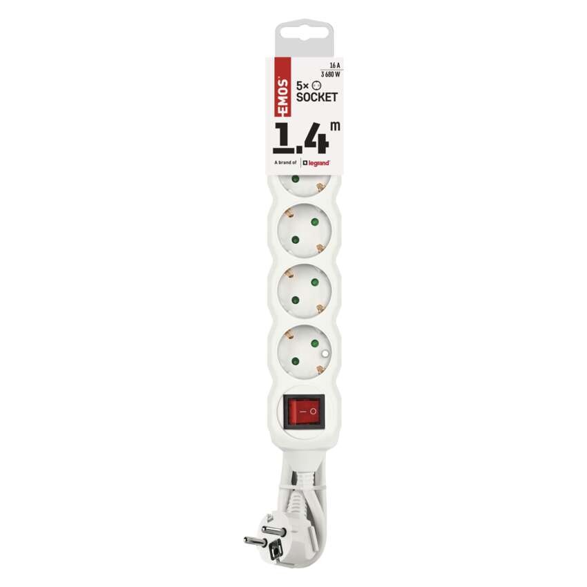 Prailginimo laidas 1,4 m / 5 lizdai / baltas / PVC / 1 mm2
