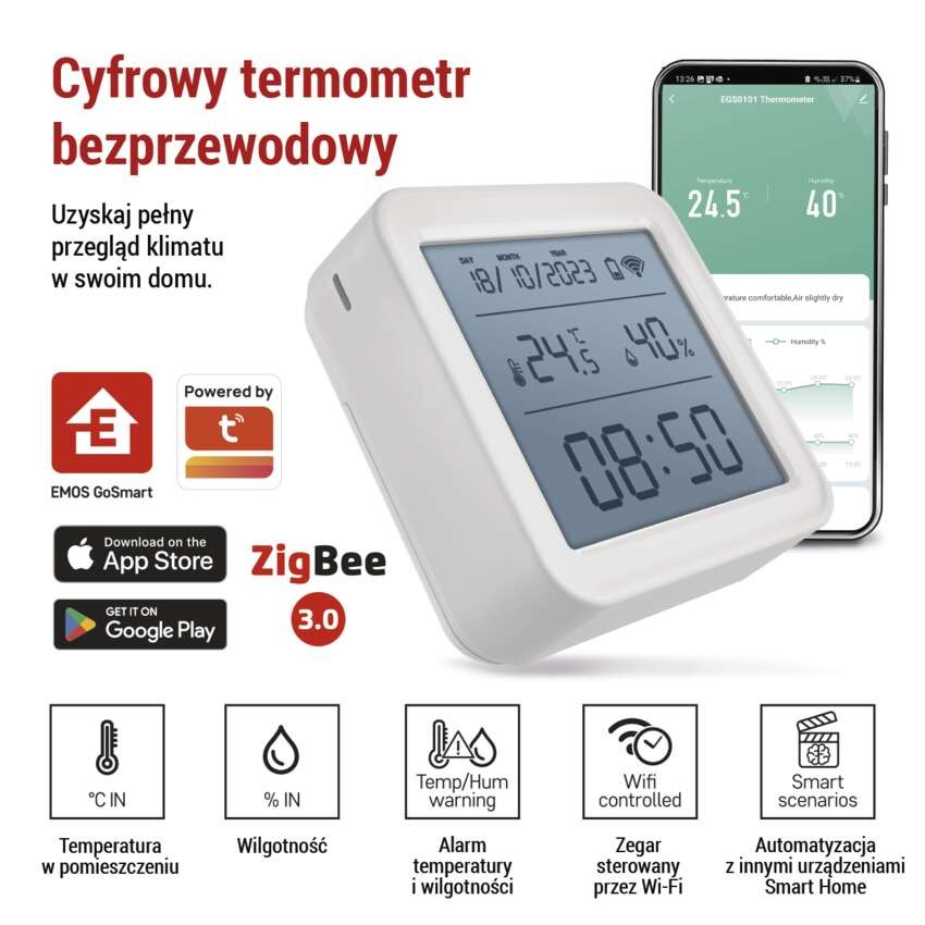 GoSmart Termometr z higrometrem EGS0101, czujnik bezprzewodowy, data, ZigBee