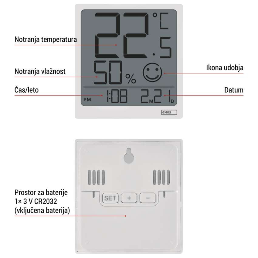 Digitalni termometer s hidrometrom, brezžični senzor, datum E0522