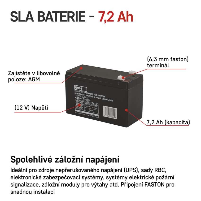 Bezúdržbový olověný akumulátor 12 V/7,2 Ah, faston 6,3 mm
